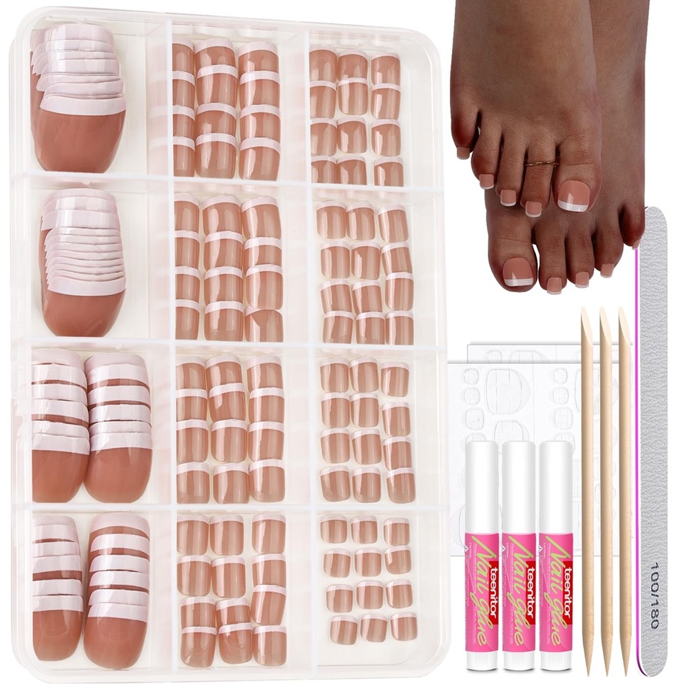 French Tip Press On Nails for Toe With Nail Glue, 6 Sets Toe Nail Tips Glue on